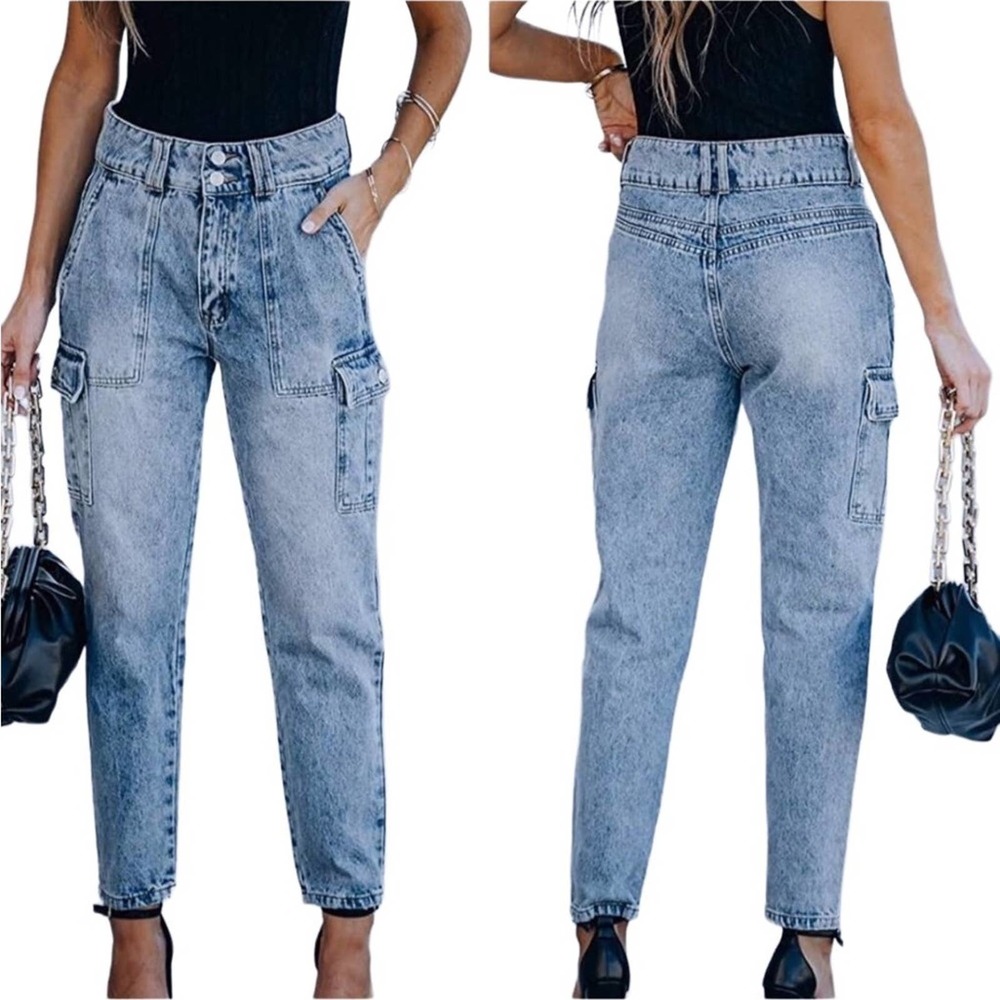 TNR High Rise Straight Leg Cargo Jeans Pockets Relaxed No Stretch Women’s Sz 25